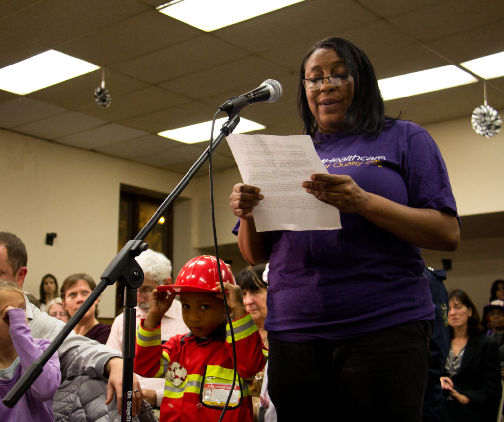 Kim Cotton testifies before the Progressive Caucus of the City Council