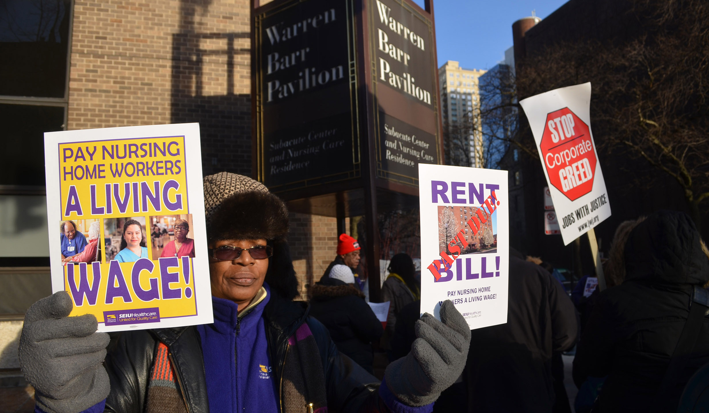 Workers demonstrate for living wages at Warren Barr Pavilion nursing home in Chicago.