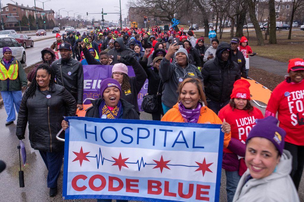 Chicago, Health systems, Hospital Code Blue, Hospitals, Janette Taylor, Jason Irvin, Labor, Protest, Rosanna Rodriguez, SEIU, SEIU HCII, Toni Preckwinkle, unions