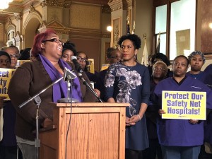 Jan. 30th, 2018, State Capitol: Tamera Cunningham, a switchboard operator at Touchette Regional Hospital in East St. Louis for 17 years, speaks at our press conference about the need for the Illinois Hospital Association to be transparent about their proposed new hospital assessment model. 