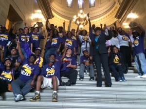 SEIU Healthcare Missouri members celebrate the defeat of "right to work" legislation at the State Capitol, Sept. 16, 2015.