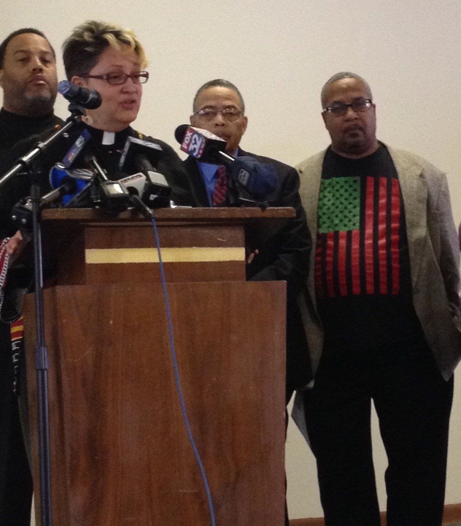 Rev. Marilyn Pagan-Banks emcees the "Souls to the Polls" press conference at Quinn Chapel on Jan. 28th, 2015 to launch the faith coalition's drive for early voting in Chicago's mayoral election. Souls to the Polls is a non-partisan group. 