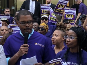 Greg Kelley, President of SEIU Healthcare Illinois Indiana, speaks outside the Illinois Hospital Association rally in downtown Chicago, July 23rd, 2018. 