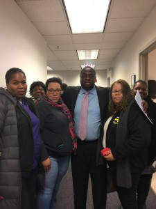 State Senator Emil Jones, III , whose 14th District represents Roseland Hospital and community, joins with SEIU hospital workers following a Hospital Transformation Hearing in Chicago on Dec. 5th, 2018