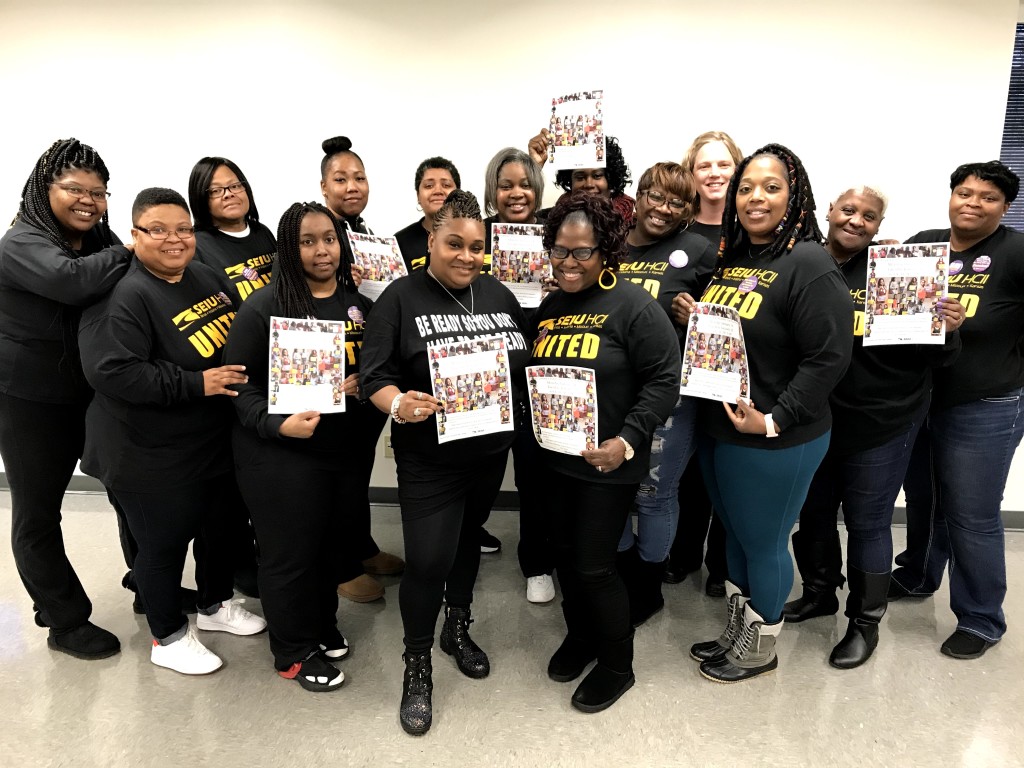 St. Louis University Hospital's bargaining committee celebrates our tentative agreement on Jan. 10th. 2019 after our contract campaign that saw incredible improvements for our workers. 