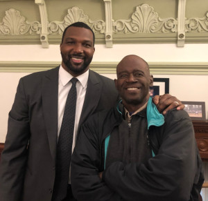 George White, a dialysis patient and nursing home leader, meets with Sen. Napoleon Harris, chairman of the Insurance Committee, to push for legislation to hold dialysis industry accountable. 