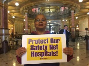 Onzell Brown, Roseland Hospital on the south side of Chicago, spoke at multiple press events at the State Capitol to demand that the Illinois Hospital Association produce a hospital assessment and new Medicaid formula that would protect safety nets. 
