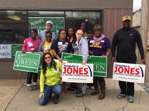 SEIU Healthcare Missouri members pausing for a photo with Megan Green before hitting the streets to talk to voters.