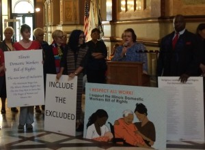Gail Hamilton, home care leader, speaks at State Capitol press event in support of Domestic Workers Bill of Rights, Springfield, Sept. 9th, 2015.