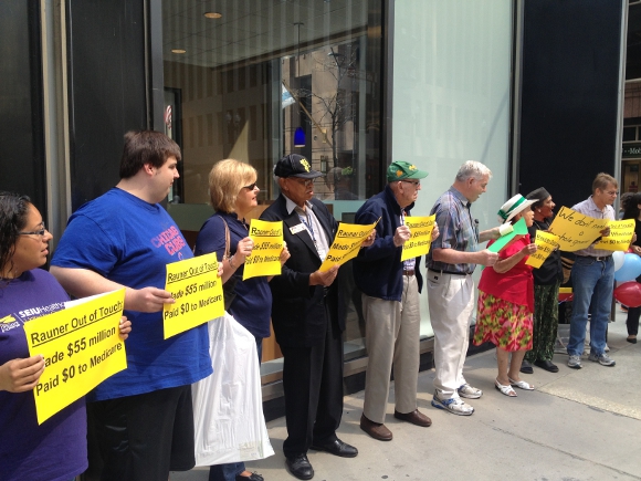 Erika Martin and community activists protest outside Bruce Rauner's campaign headquarters on the anniversary of Medicare; Rauner uses a loophole to avoid paying his fair share of Medicare taxes - 7/31/14