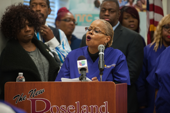 Onzell Brown, Roseland Hospital worker, speaks at press conference to demand that the Illinois Hospital Association protect all safety nets as part of any new hospital assessment on Medicaid funding; Jan. 18th, 2018 
