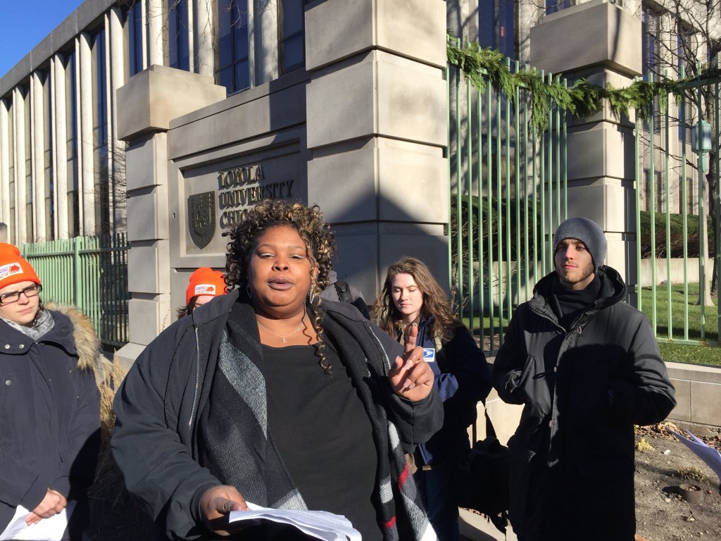 December 6th, 2017: Lashanda Dixon, a nursing home worker at Alden Lincoln Park Nursing, speaks outside of Loyola University in Chicago about the Republican “tax scam” which will slash Medicaid and Medicare funding for working working families and seniors.