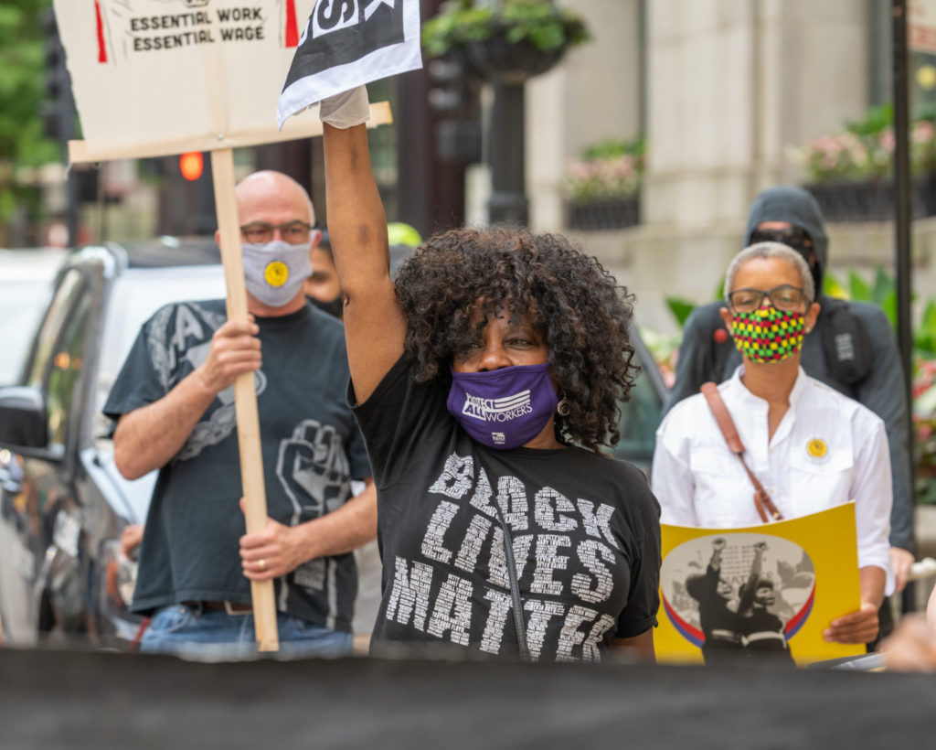 Jaquie BLM shirt fist up and mask Juneteenth Rallyh